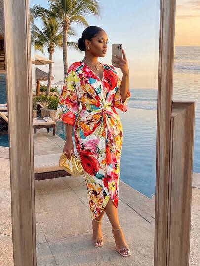 SHEIN Lady  Plus Size Elegant Floral Print Fitted Dress, Summer Floral Dress Elegant Midi Bodycon Dress Bodycon Summer Dress Floral Midi Dress Floral Wrap Dress New Arrival Dresses For Ladies Floral Print Midi Dress Pencil Cut Dress Elegant Women's Dress