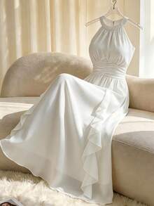 GlowEve Women's Casual Elegant Birthday Stand Collar Ruffle A-Line Long Dress, Summer - Beige - View 1