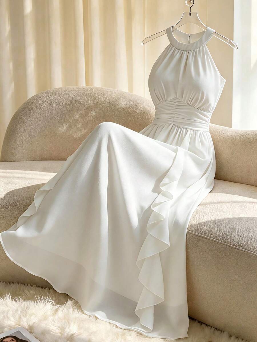 GlowEve Women's Casual Elegant Birthday Stand Collar Ruffle A-Line Long Dress, Summer - Beige - View 1
