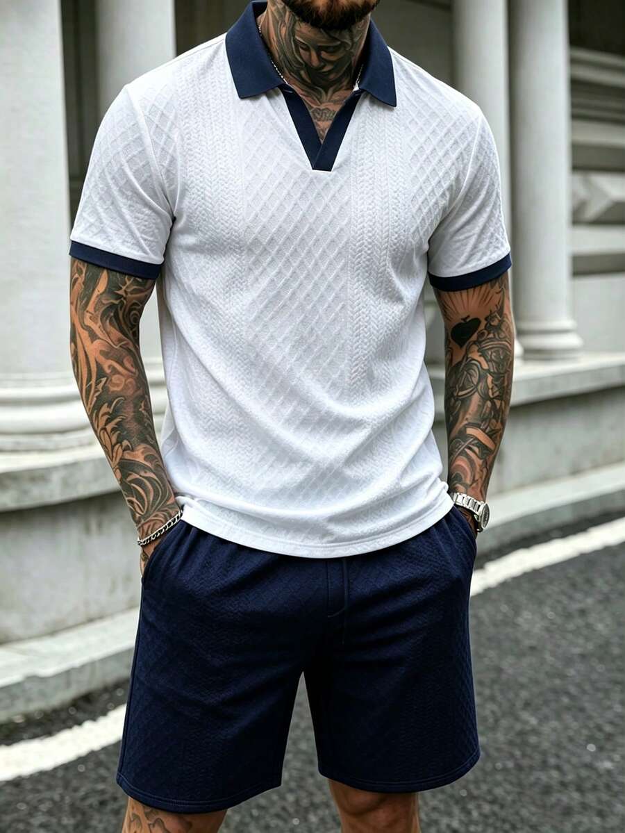 Manfinity CasualCool 男士休闲通勤 Polo 衫和短裤套装 - 彩色 - 查看 1