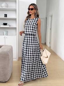 Easowa Bộ đồ nữ mùa hè kiểu dáng thường ngày gồm áo vest và chân váy kẻ caro. - Đen và trắng - Xem 4