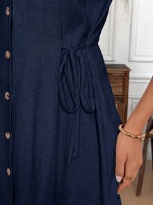 Easowa Robe chemise sans manches abricot avec ceinture à la taille, en lin confortable, convient pour le style décontracté, le trajet, le bureau, le vintage, les vacances à la française - Bleu marine - Voir 6