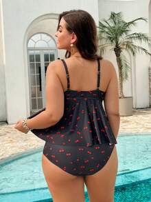 Swim Lushoire Plus Size Women's Summer Beach Vacation Cherry Print Frill Trim Tankini Swimwear - Multicolor - View 2