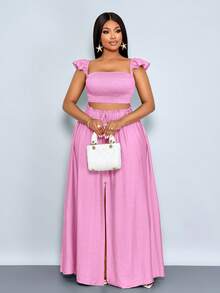 SOLERSUN Plus Size Women's Vacation Romantic Elegant Linen-Like Off Shoulder Small Flying Sleeves Crop Top And A-Line Center Front Slit Maxi Skirt Suit, Women Two Pieces Outfits,Casual Daily Wear,Suitable For Daily Dressing, Shopping, Dating, And Island Vacations,Quiet Luxury Vacation - Pink - View 5