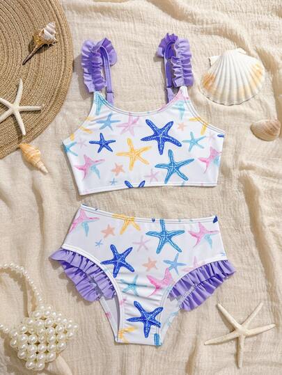 SHEIN Young Girls Tankinis 2-Piece Swimsuit Set, Fresh Ocean Style. Pure White Base With Printed Blue, Yellow And Pink Starfish Pattern, Exuding Summer Ocean Vibe; Paired With Lavender Ruffle Trim On Shoulder Straps And Shorts Hem. Knit Fabric, Sleeveless Swimsuit Set, Fashionable, Elegant And Suitable For Swimming, Summer Vacation, Beach, Pool, Holiday Party