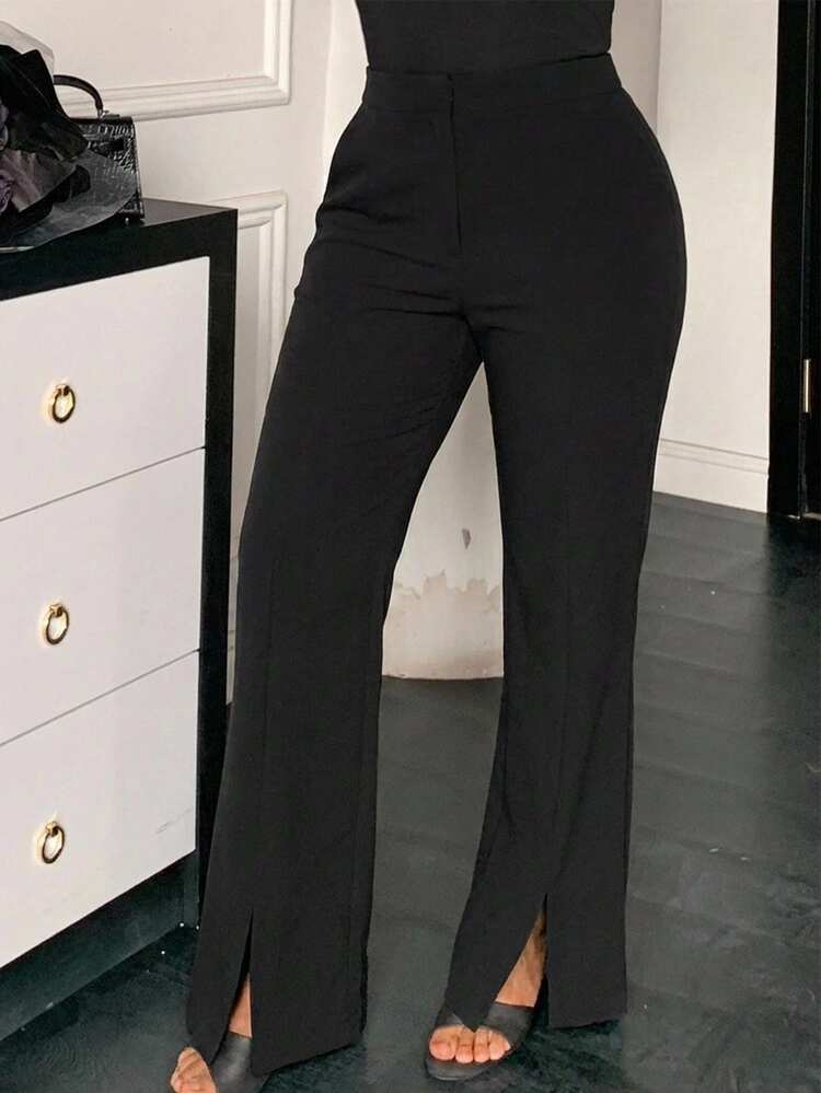 Dazy Plus Solid Color Loose Straight Leg Casual Black Pants, All Season