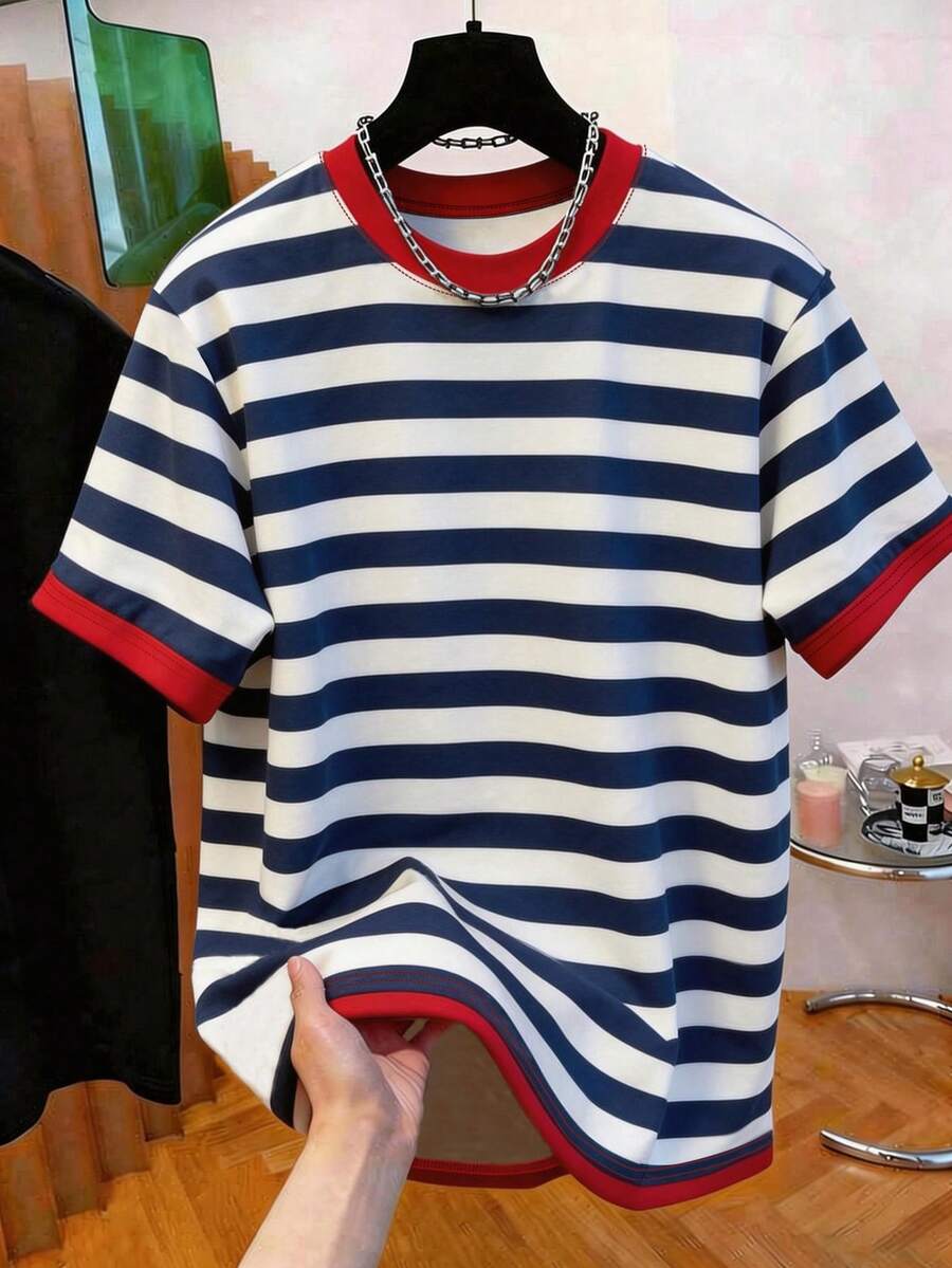 Manfinity Dauomo 男士户外休闲运动T恤,夏季新品,户外街头服饰,红色、蓝色、多色条纹印花,摄影街头风格,男士T恤 - 彩色 - 查看 1