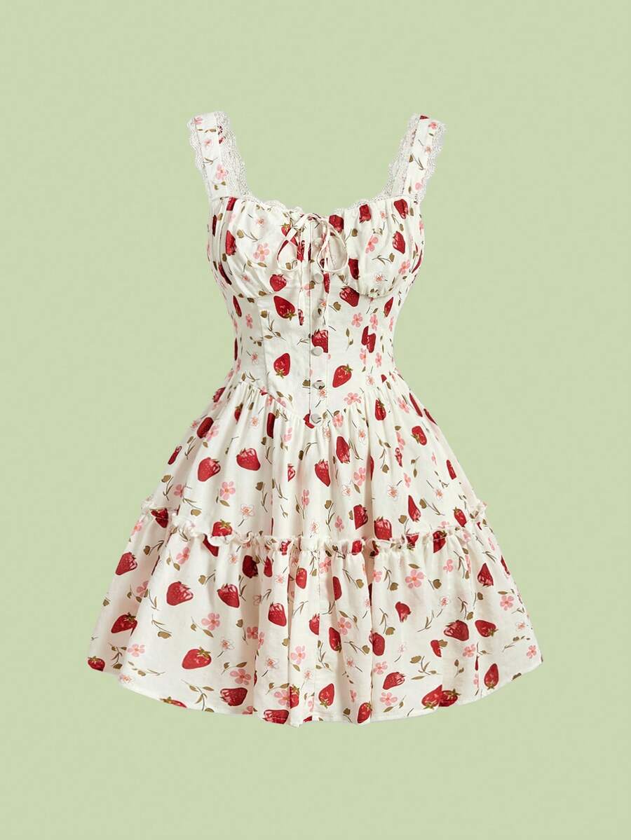Sweetness Women's Retro Palace Romantic Sweet Strawberry Print Lace Trim Tie-Up Ruffle Hem Short Dress - Apricot - View 1