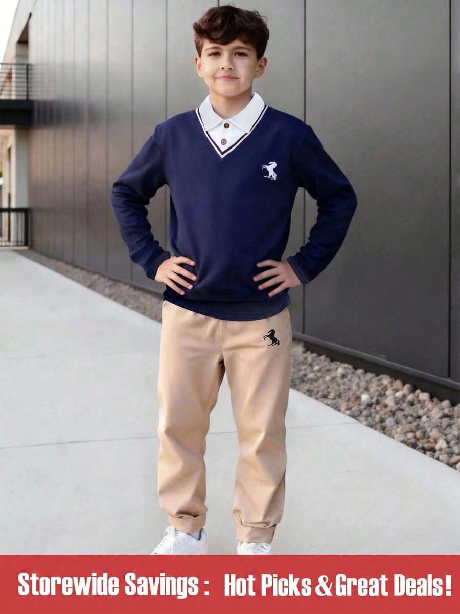 SHEIN Explorewe 2pcs/Set Tween Boys' Navy Polo Collar 2 In 1 Embroidered Striped Preppy Style Top And Khaki Straight Leg Pants Set, Suitable For Daily, Retro Campus, Sports Streetwear, Back To School Outfits, Spring & Autumn - Khaki - View 1