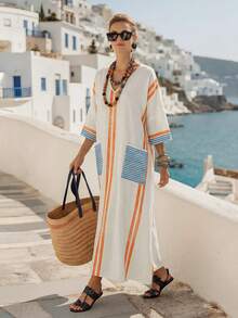 Balvessa Women's V-Neck Contrast Stripe Print Pockets Casual Dress - Multicolor - View 4