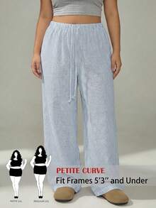 SHEIN PETITE CURVE 大码休闲条纹印花裤 - 藍白色 - 查看 2