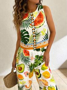 Vaclyn Women's Tropical Plant Print Sleeveless Casual Top - Multicolor - View 4