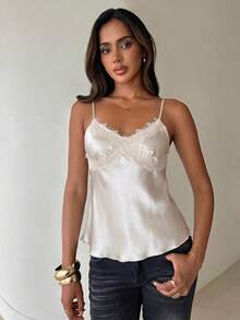 Aloruh Women's Elegant Sexy Lace Patchwork Satin Camisole,Summer Top - Champagne - View 4