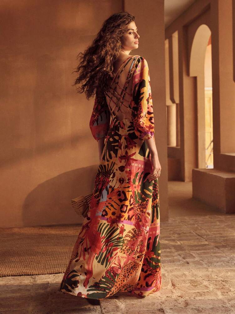 WOMEN'S LINEN PRINTED OPEN FRONT KNIT MAXI DRESS, VACATION