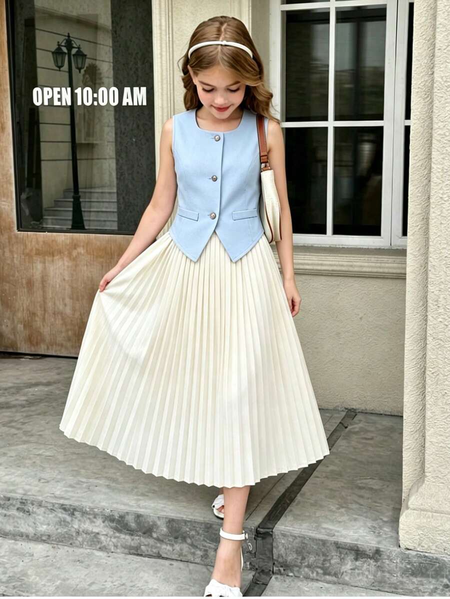 SHEIN 两件套少女开衫套装,珍珠领饰,珍珠纽扣前襟外套,百褶裙,优雅时尚。 - 藍色 - 查看 1