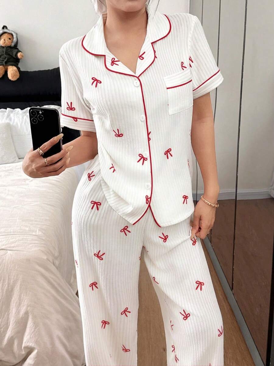 Napfluff 粉色条纹蝴蝶结印花翻领短袖女士睡衣套装 - 白色 - 查看 1