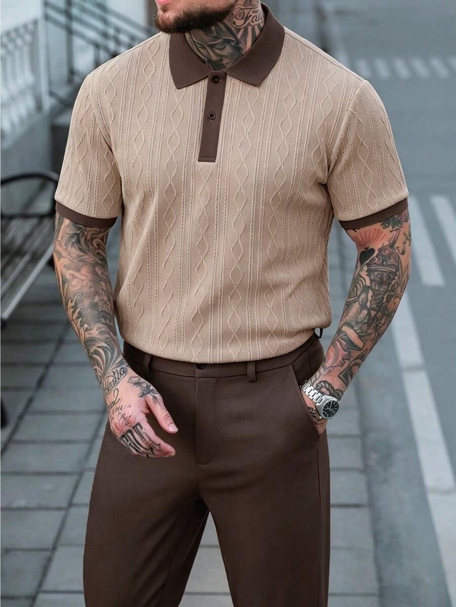 Manfinity CasualCool 男士夏季休闲通勤纹理饰边短袖 Polo 衫和短裤套装 - 棕色 - 查看 1