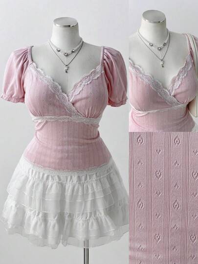 Sweetra Áo thun nữ cỡ lớn màu hồng, cổ rộng, dáng ôm, phối ren, tay ngắn, kiểu đèn lồng, thời trang Y2K ngọt ngào và dễ thương, thoải mái và đa năng, phong cách sinh viên, cần thiết cho mùa xuân hè, mùa tựu trường, áo thun mặc ở nhà, áo thun đi nghỉ mát, trang phục hẹn hò/kỳ nghỉ.