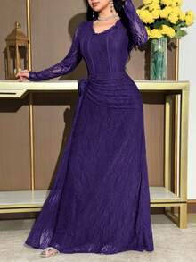 Modelyn Women's Elegant Solid Color Frill Trim Round Neck Long Sleeve Dress - Purple - View 4