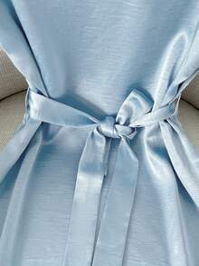 Qadelle Satin Shiny Pearl Decor Collar Short Sleeve Tie Waist Mid-Length Dress - Blue - View 7