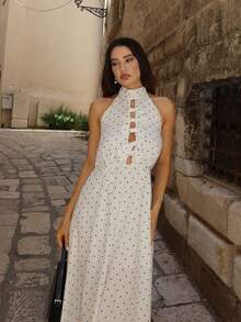 DAZY 女士时尚波点印花蝴蝶结露背连衣裙 - 象牙白色 - 查看 3