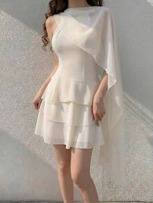 Modelyn Classic Elegant Sleeveless Shawl Collar Mini Dress For Women,Summer Dresses For Women - Apricot - View 2