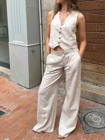 Siren Gaze Summer Elegant Casual Striped 2 Piece Set For Women, Sleeveless V Neck Button Front Waistcoat Wide Leg Pants Set, Office Work Wear Beach Vacation Outfits, White Brown Striped Summer Sets For Women, Summer Outfits For Women, Casual Sets For Women, Summer Clothes, Business Casual Sets