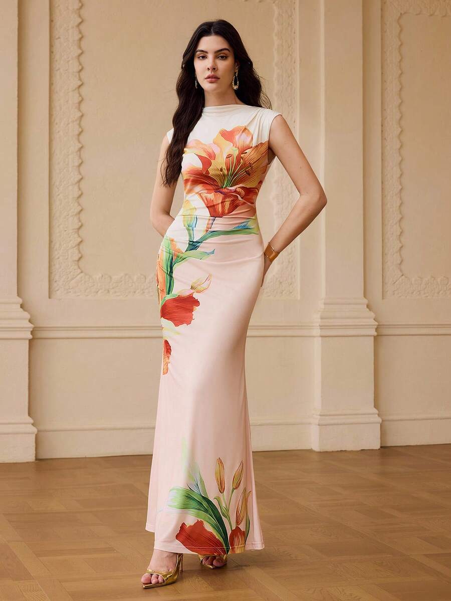 ZEYLAH 针织印花修身长连衣裙，春夏款 - 淺粉色 - 查看 1