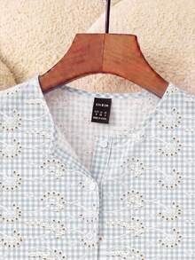 SHEIN Women Summer Elegant Light Blue And White Blouse,Delicate Hollow-Out Short Sleeve With Lace Collar,Ideal For Date,Afternoon Tea,Tea Party - Multicolor - View 7
