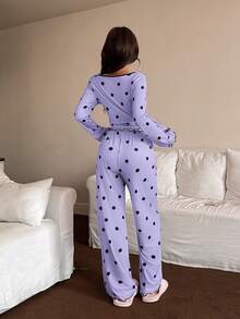 Napfluff Bộ đồ ngủ nữ dài tay và quần in họa tiết chấm bi, kiểu dáng thường ngày. - Màu tím - Xem 2