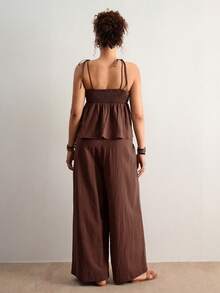 Freevana Plus Size Solid Color Ruched Bust Camisole And Wide Leg Pants 2 Pieces Set Outfit For Women Summer Clothes Boho Style Vacation Chocolate Brown Brunch - Coffee Brown - View 6