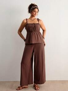 Freevana Plus Size Solid Color Ruched Bust Camisole And Wide Leg Pants 2 Pieces Set Outfit For Women Summer Clothes Boho Style Vacation Chocolate Brown Brunch - Coffee Brown - View 3