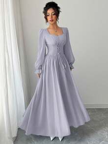 Modelyn Đầm kiểu Pháp cao cấp màu trơn, thắt eo. - Màu tím - Xem 4