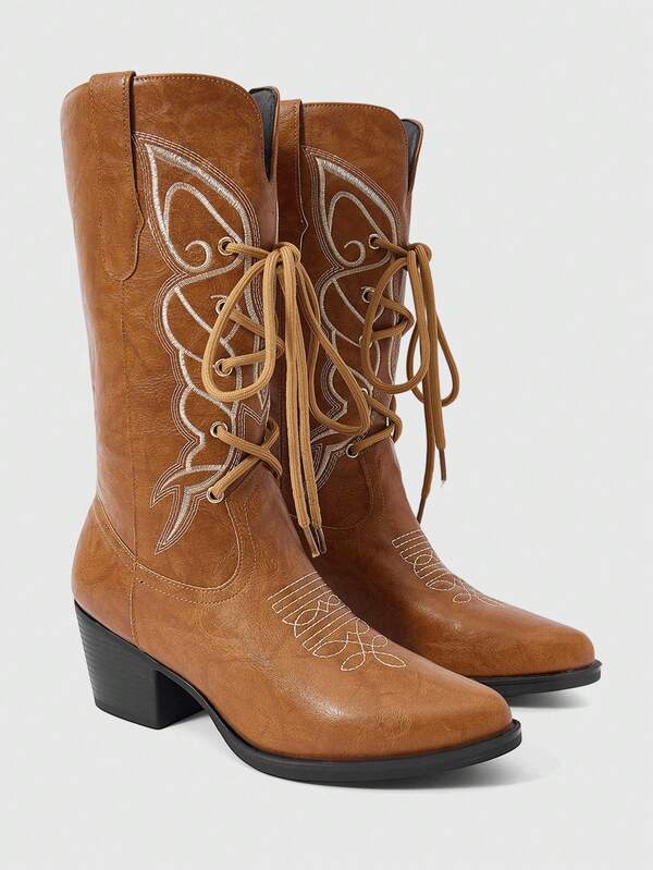 ROMWE Fairycore 2025 New Maillard Butterfly Embroidered Lace-Up Western Boots For Women, Gorgeous Over-The-Knee High Shaft Riding Boots