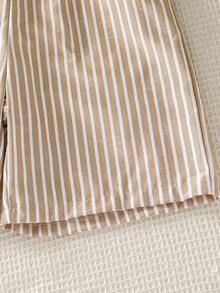 2pcs Set Casual Textured Fabric Half-Placket Shirt & Striped Shorts For Teenage Boys, Comfortable For Daily, Commute, Vacation - Khaki - View 8