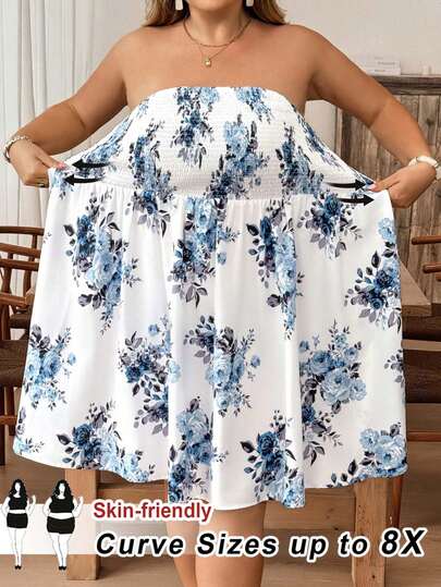 SHEIN CURVE+ Plus Size Women Floral Print Halter Design Beach Vacation Dress Casual Summer Dresses For Women