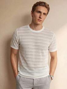Manfinity CityGents Old Money Men's Off-White Minimalist Tropical Casual Round Neck Short Sleeve Lace T-Shirt Summer Holiday Vacation Beach Hawaii Party Evening Zoe - White - View 4