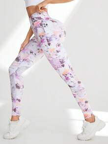 SHEIN Sovereign Charm Leggings deportivos de mujer con bolsillo lateral impreso y bolsillo para teléfono, pantalones de yoga - Blanco - Ver 2