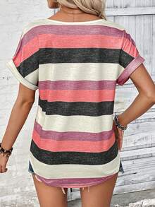 EMERY ROSE Color Block Striped Batwing Sleeve Casual T-Shirt Graphic Tees Women Tops - Multicolor - View 2