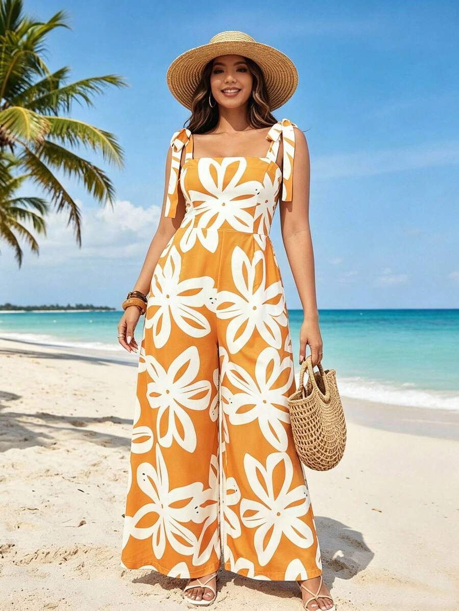 SHEIN LUNE Plus Size Women's Summer Boho Yellow Floral Print Jumpsuit ...