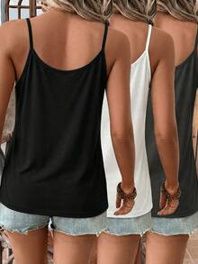 SHEIN LUNE 3piezas/Set Camisola de tirantes de punto jacquard con rayas de color contrastante y decoración de encaje, adecuada para primavera y verano - Multicolor - Ver 2