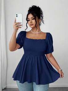 SHEIN Elenzya 大码时尚褶皱女式衬衫，方领优雅百搭修身时尚上衣 - 藏蓝色 - 查看 1