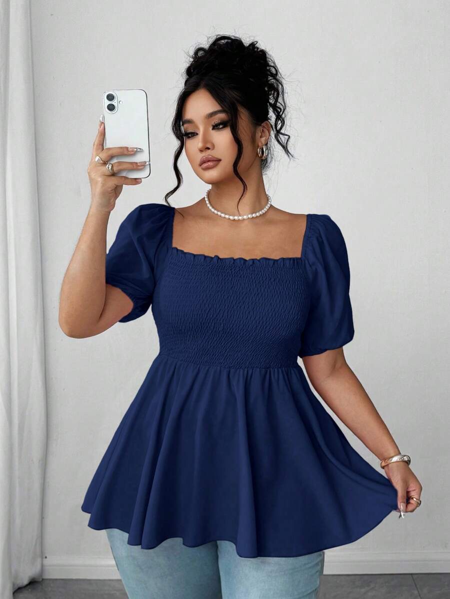 SHEIN Elenzya 大码时尚褶皱女式衬衫，方领优雅百搭修身时尚上衣 - 藏蓝色 - 查看 1