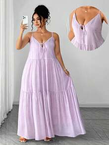 SHEIN Clasi Plus Size Women's Casual Vacation Style Woven Spaghetti Strap Double Layer Digital Print Light Purple Long Dress - Mauve Purple - View 1