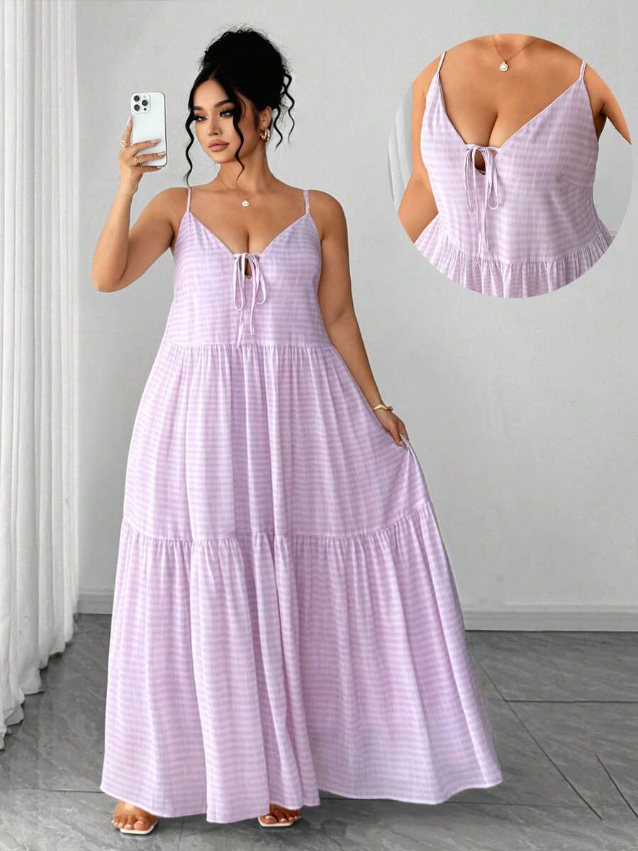 SHEIN Clasi Plus Size Women's Casual Vacation Style Woven Spaghetti Strap Double Layer Digital Print Light Purple Long Dress - Mauve Purple - View 1