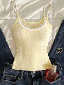 Áo camisole ôm dáng, phối ren tương phản, phong cách thường ngày, dành cho nữ, thích hợp cho kỳ nghỉ hè. - Màu be - Xem 3