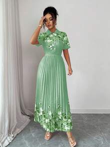 Elenzga 女士印花褶裥短袖翻领纽扣休闲度假风连衣裙，设计细节精美，适合返校、教师装、感恩节等场合。 - 綠色 - 查看 6