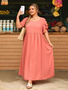 SHEIN CURVE+ Curve 尺码 US22 音乐节、海滨度假、波西米亚风随机印花休闲假日风格数码印花宽松短袖连衣裙 - 粉色 - 查看 6