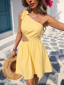 Vivid Eden Women's Yellow Summer Boho Holiday Vacation One Shoulder Cutout Tie Strap A-Line Mini Dress,Beach Casual Sundress,Bohemian Birthday Outfit - Yellow - View 4