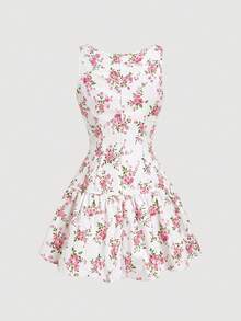 Skyraze Floral Print Round Neck Low Waist Bow Tie Mini Dress, Summer Dresses For Women, Picnic Vacation White And Pink And Cottage Core Cute Sexy Golf - Pink - View 4
